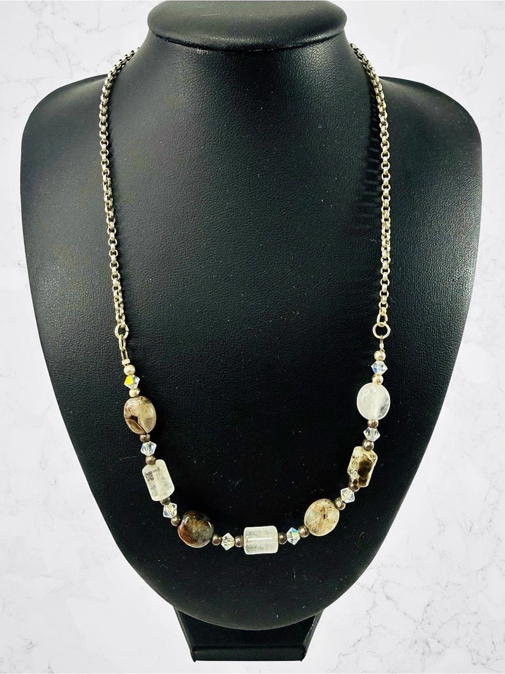 Vintage Sterling Silver 925 Topaz Beaded Necklace 15” Multi Gemstone White Brown